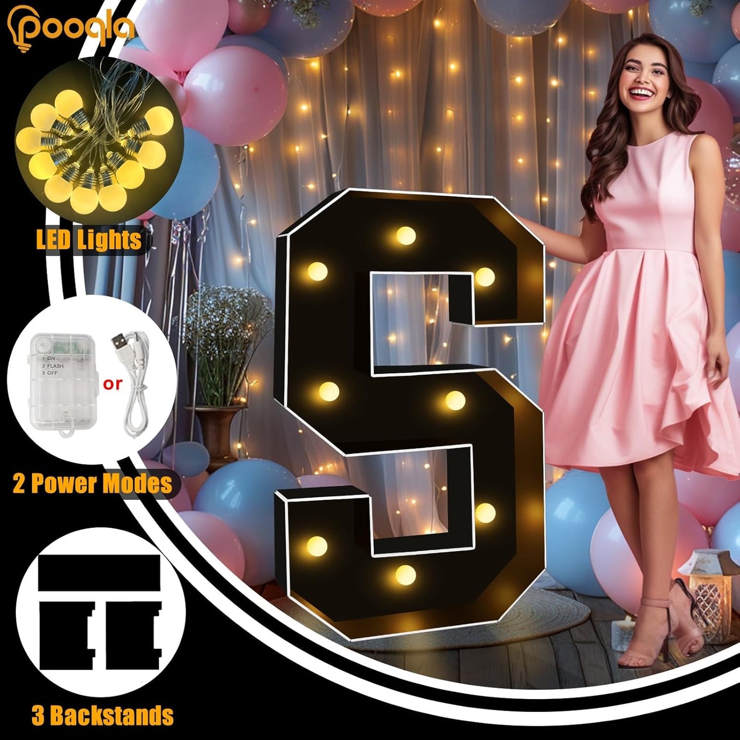 Pooqla 3 FT Marquee Light Up Letters, Black Marquee Letter Lights 3 Feet Tall, Giant LED Sign Big Mosaic Letters for Balloons Birthday Party Anniversary Wedding Decorations, Warm White E