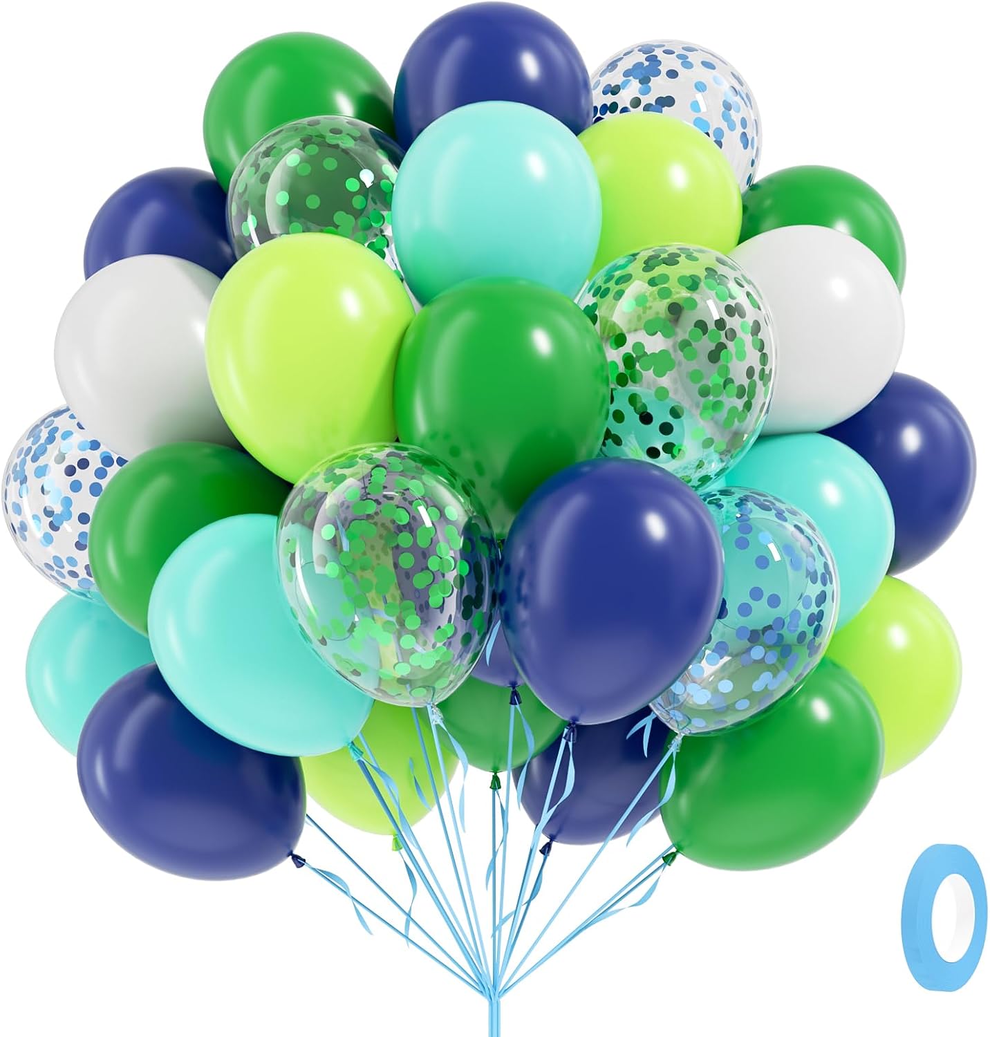 60pcs Blue and Green Balloons 12inch, Navy Blue Lime Green Teal White Confetti Balloons for Dinosaur Baby Shower Birthday Party Decorations