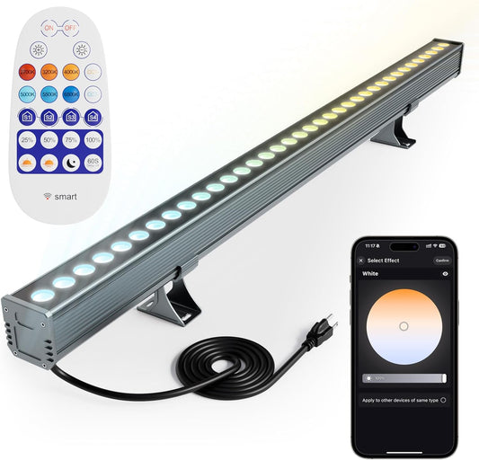 Smart Wall Washer Lights Adjustable Color Temperature 2700K-6500K,72W 9600lm 1%-100% Brightness Dimmable LED Bar Light APP & Remote Control for Outdoor, Compatible with Alexa/Google Assistant