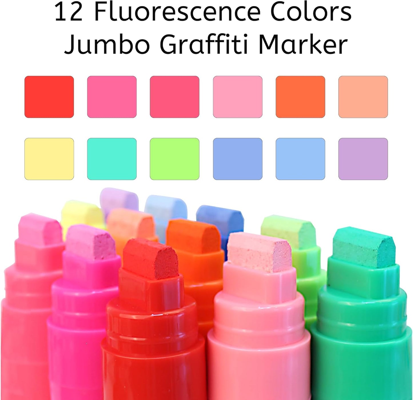 Jumbo Graffiti Poster Markers Set: 12 Neon Colors Large 15mm Wide Tip Permanent Ink Thick Acrylic Paint Pens for Rock Painting, Stone, Glass, Wood, Ceramic, Metal, Plastic, Fabric