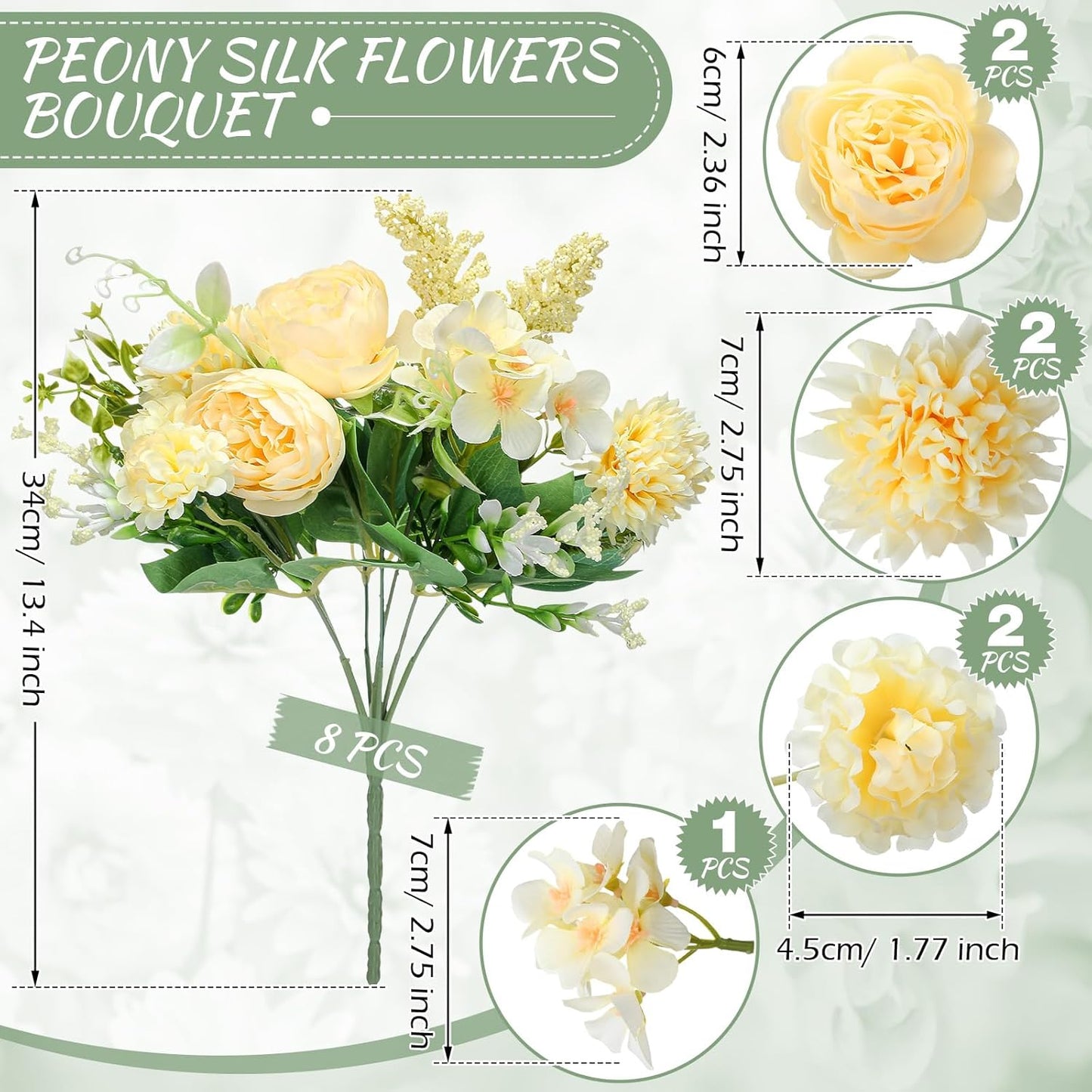 Zeyune 8 Pcs Wedding Silk Flowers Fake Silk Flowers Faux Bouquet Hydrangea Bouquets for Wedding Birthday Party Table Centerpieces Home Decoration(Champagne,Peony)