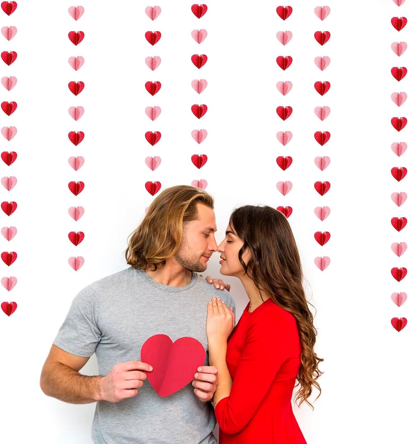 Red Pink Party-Decorations 3D-Heart Garland - 40ft Galentines Streamers Paper Banner, Proposal Anniversary Romantic Birthday Baby Shower Rustic Wedding Hanging Ornaments Decor Hugfond