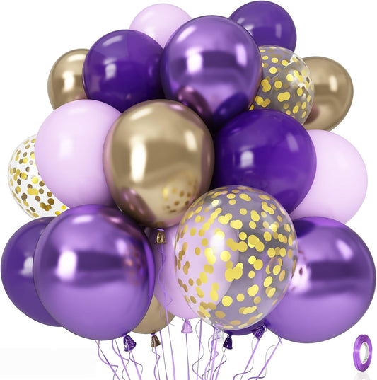 Purple and Gold Balloons, 12 Inch 35PCS Dark Pastel Purple Lavender Balloons with Metallic Gold Confetti Balloon for Girls Women Wedding Baby Shower Butterfly Princess Theme Birthday Party Decorations