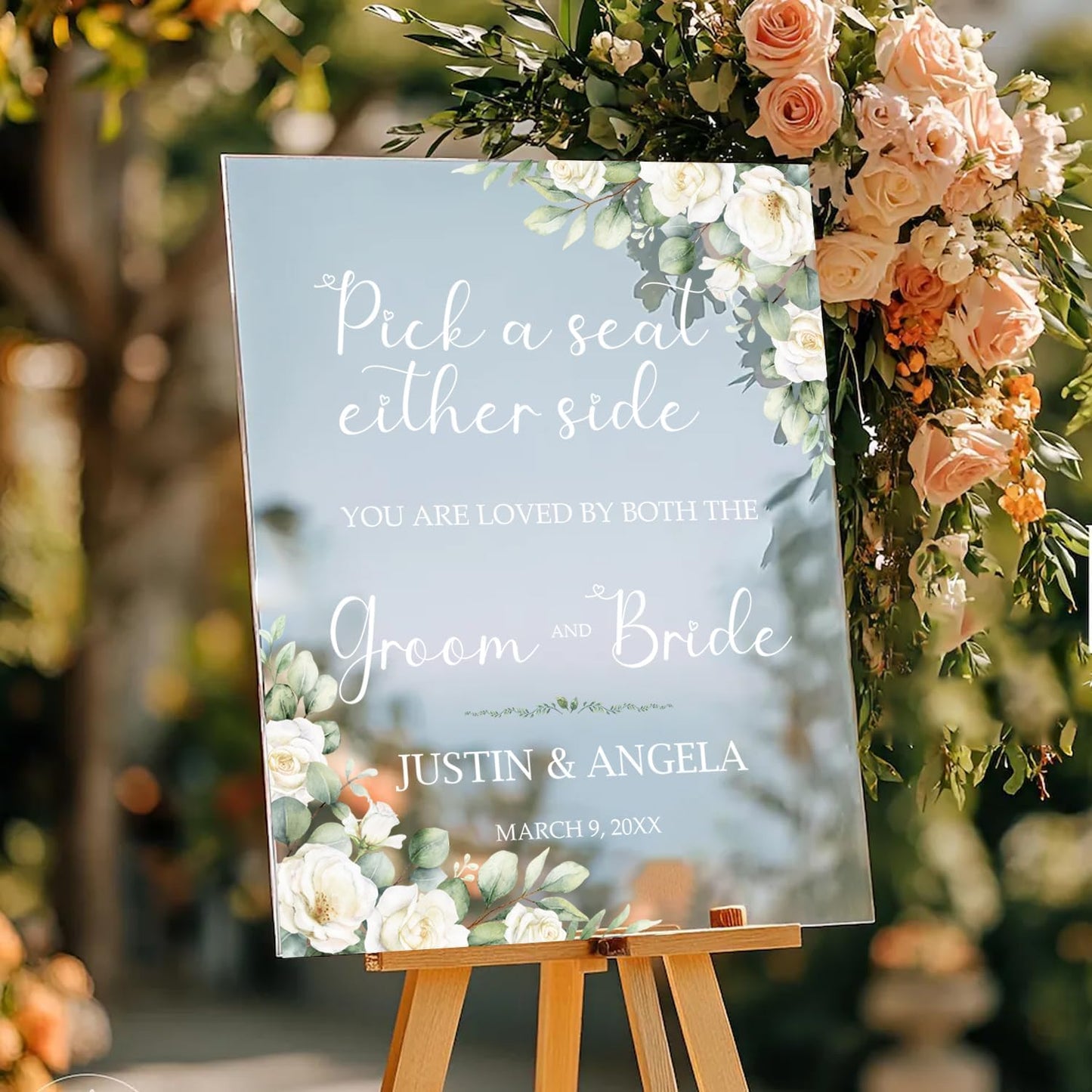 Pick a Seat Either Side Wedding Yard Sign – Custom Floral White Green Ceremony Sign – Acrylic or Corrugated Board