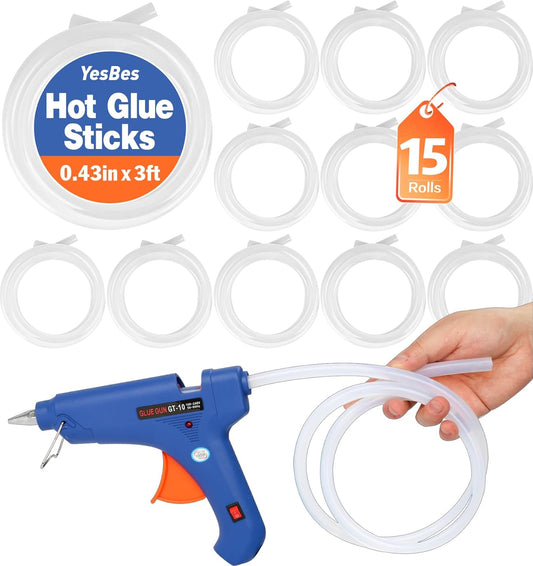 15 Rolls Hot Glue Sticks, Each Full Size 3 FT Long x 0.43" Diameter Glue Sticks for Glue Gun, Widely Used in Wood, Metal, Glass, Plastic, Floral, Fabric, and More