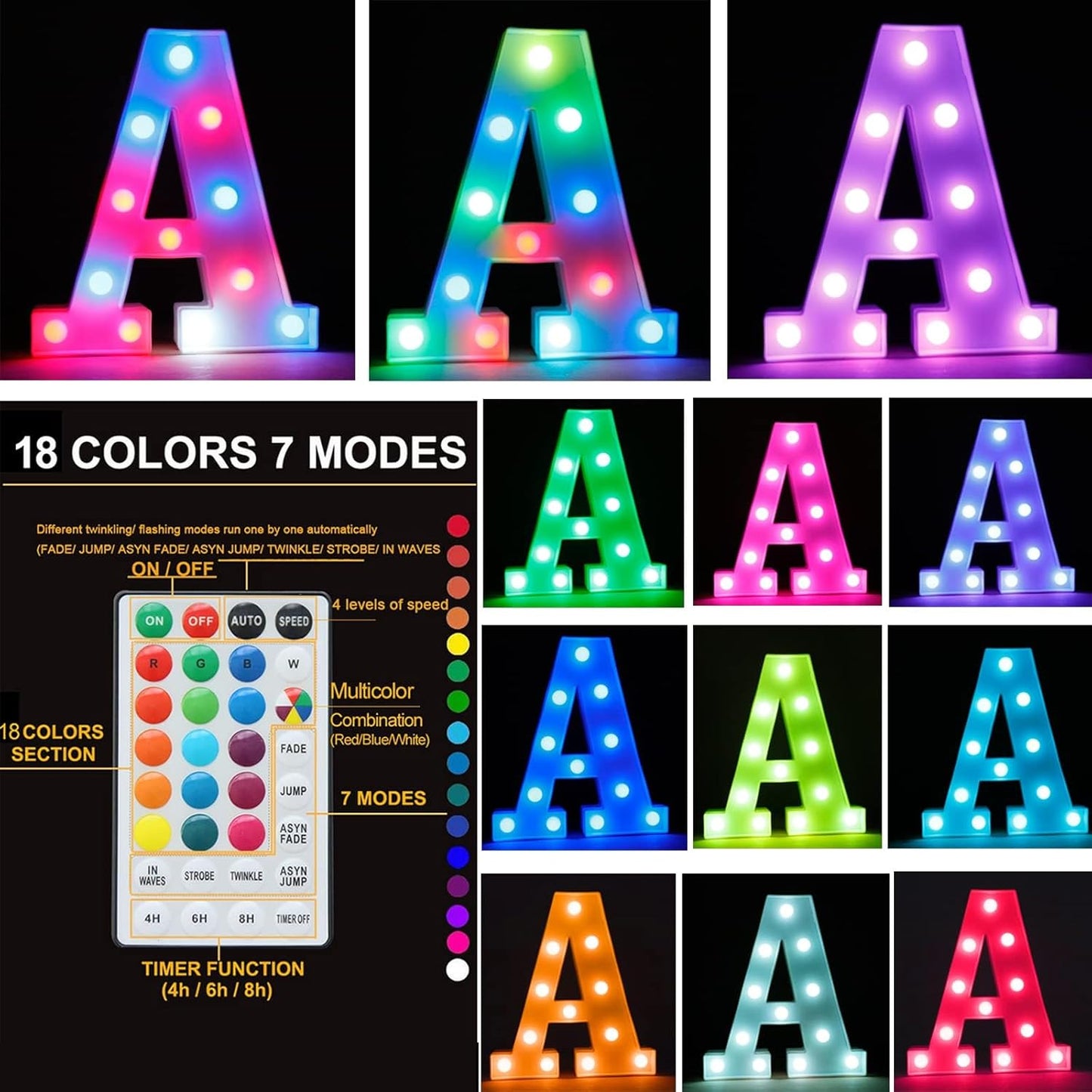 Light Up Colorful LED Marquee Letter lights, 18 Colors Changing Alphabet Letters Sign with Remote Timer for Night Light Girls Bedroom Wedding Birthday Party Lamp Christmas Home Bar Decor- Colorful C
