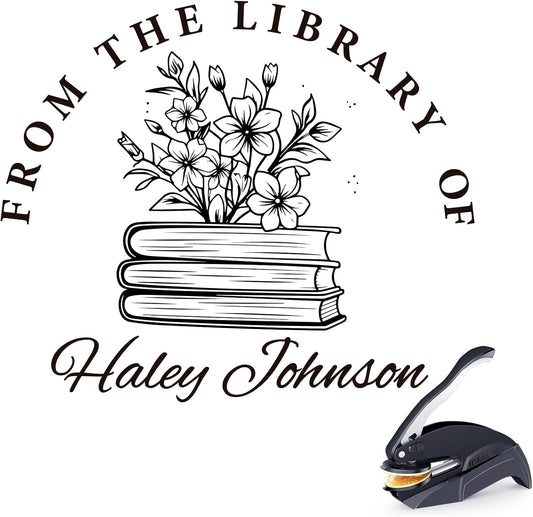 Book Custom Embosser - Personalized Library Stamp with Your Name, Customized Embosser Gifts for Book Lovers, Readers (Floral-07)