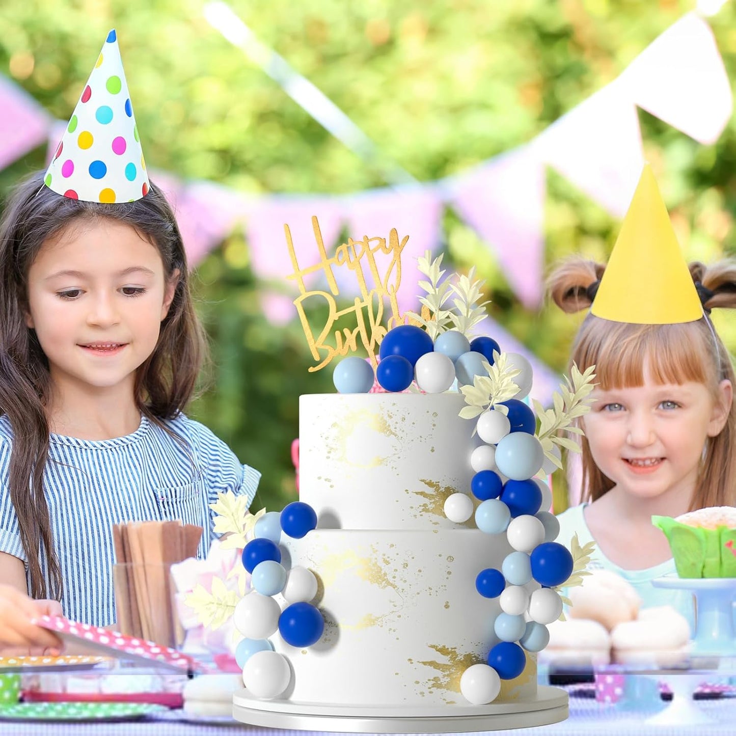 MIAHART Ball Cake Toppers Boho Grass Cake Topper Ball Cake Insert Decoration for Birthday Wedding Baby Shower Party Decorations Boho Themed Party Supplies (blue，white，light blue)