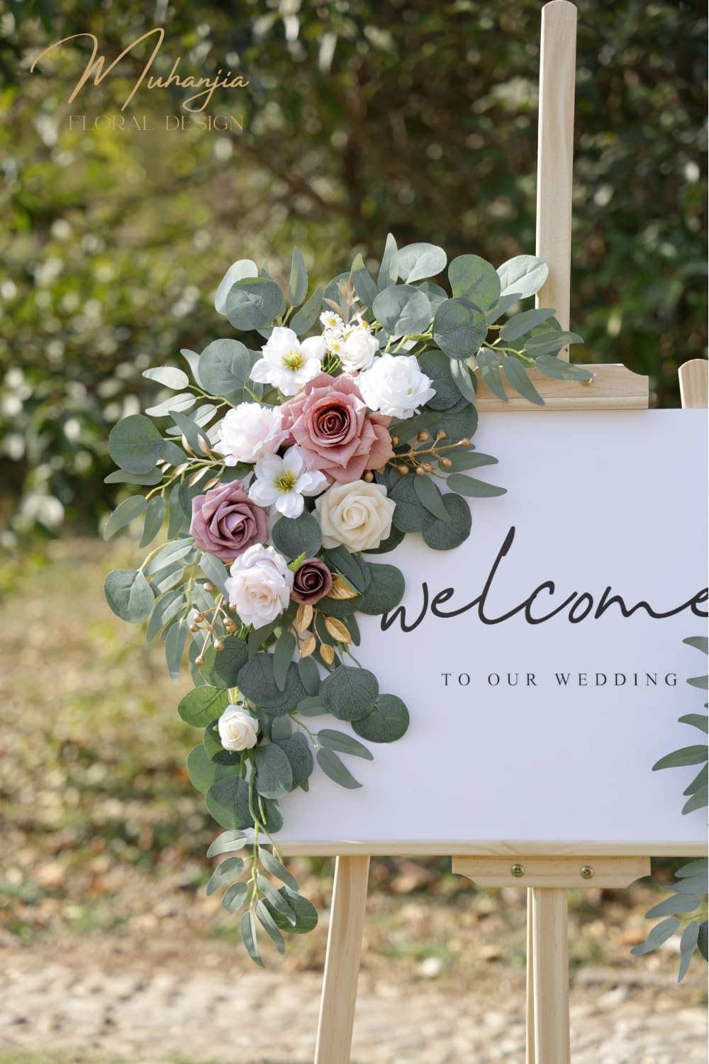 Wedding Sign Faux Flower Swag (Pack of 2) for Ceremony Party Reception Entrance Floral Decor Wall Easel Stand for Wedding Poster Welcome Sign (Champagne&Dusty Rose)