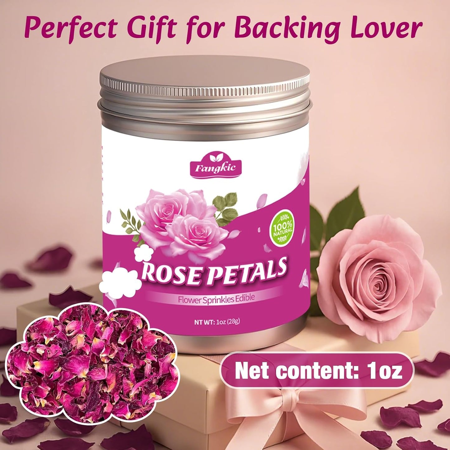 Fangkic Dried Rose Petals-1oz(28g) Dried Edible Flower Cake Decoration, Edible Rose Petal for Cocktails Drinks Baking Tea Soap & Candle Making, Gluten-Free, No Additives