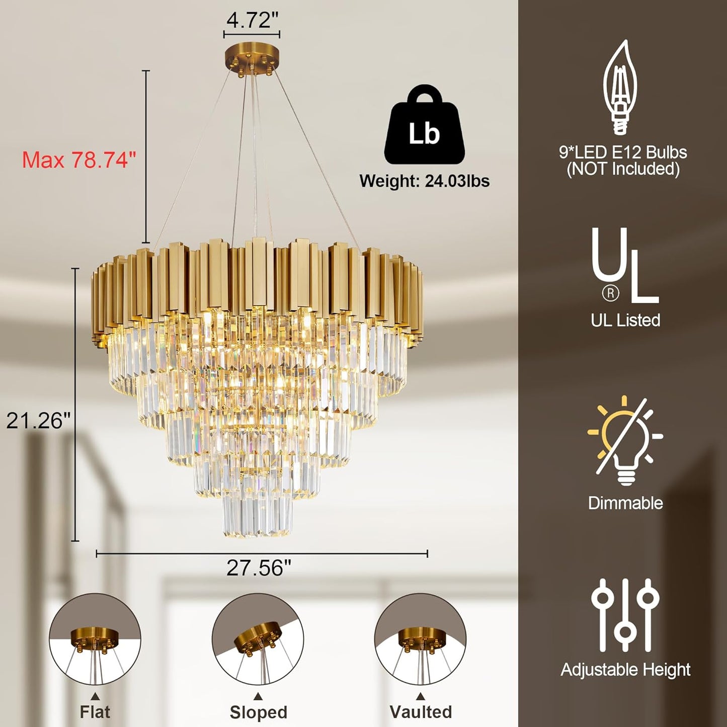 Modern Crystal Chandelier, 27.5" Gold Chandelier for Dining Room, 9-Light Luxury Round Chandeliers, 5-Tier Contemporary Light Fixture for Living Room, Bedroom, Foyer, Entryway