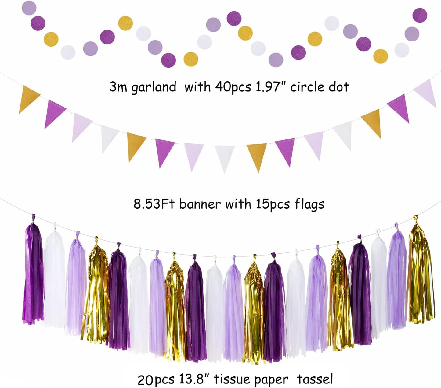 Purple-Gold Graduation Party-Decoration - 33pcs Kits Banner, Streamers Tassel Garland,Tissue Pom Poms Honeycomb, Paper Lantern Fans,Wedding Girl Birthday Baby Bridal Shower Decor Hugtmr