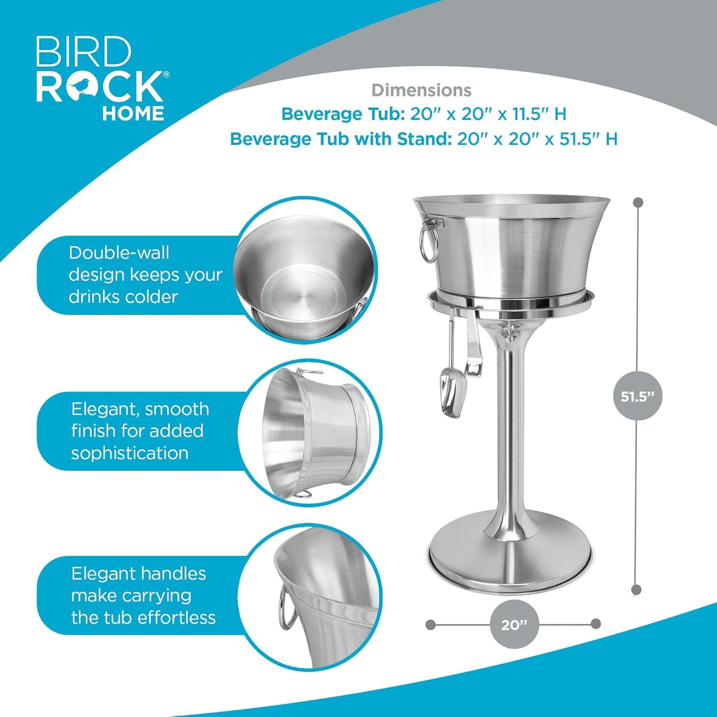 BIRDROCK HOME Metal Beverage Tub w/Stand, Scoop & Bottle Opener - Stainless Steel Double Wall Ice Cooler - Large Drinks, Beer, Wine, Champagne Chiller Buckets w/Holder for Parties - Silver Container