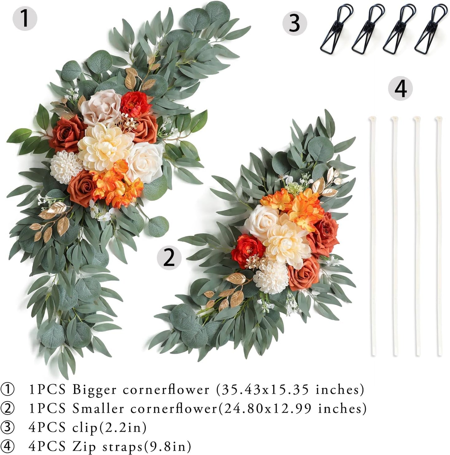 ponatia Wedding Arch Flowers (Pack of 2), Artificial Burnt Orange Wedding Flowers for Wedding Welcome Signs Decorations and Arch Flowers for Wedding Ceremony Reception (Burnt Orange & Ivory)