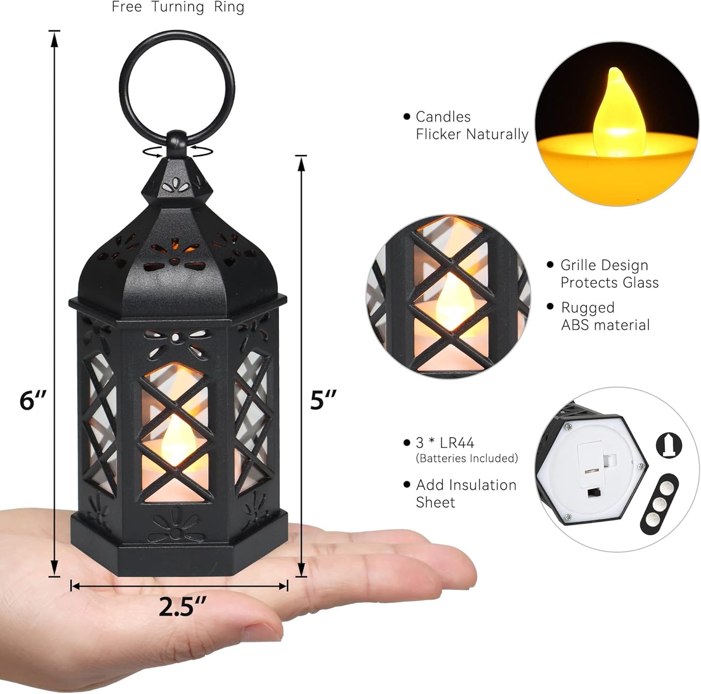 LLQ (8Pack-5Inch) Mini Lantern with Flickering LED Candle for Table Centerpiece, Black Halloween Decorations, Small Hanging Decorative Lantern for Wedding Christmas, Fall Garden Party Decor for Home