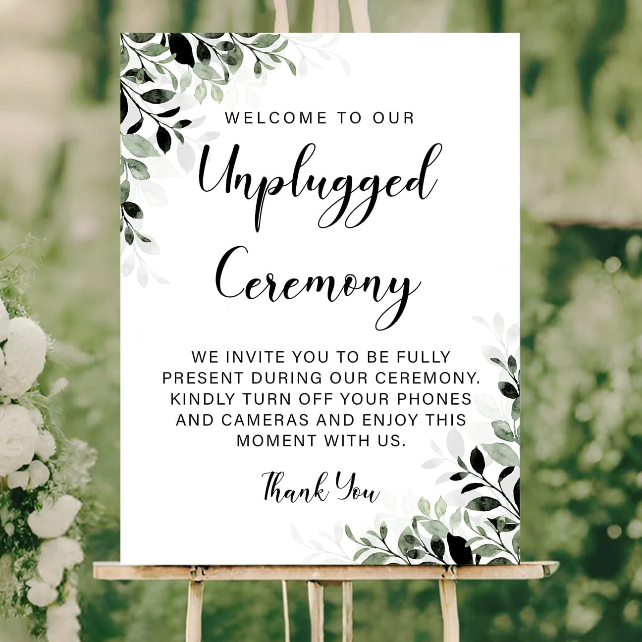 Unplugged Ceremony Wedding Sign – Elegant Greenery Design for Outdoor Weddings – Turn Off Phones & Cameras – Rustic Floral Yard Sign