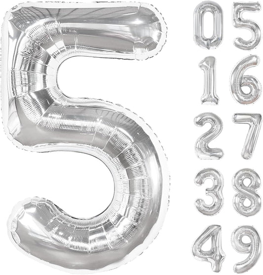 Silver 40 Inch Large Number 5 Birthday Balloon, 2025 Five 5th 15 25 35 50 55 Birthday Celebration Decorations, Foil 5 Mylar Helium Number 5 Balloons Girl Boy Anniversary Party Supplies