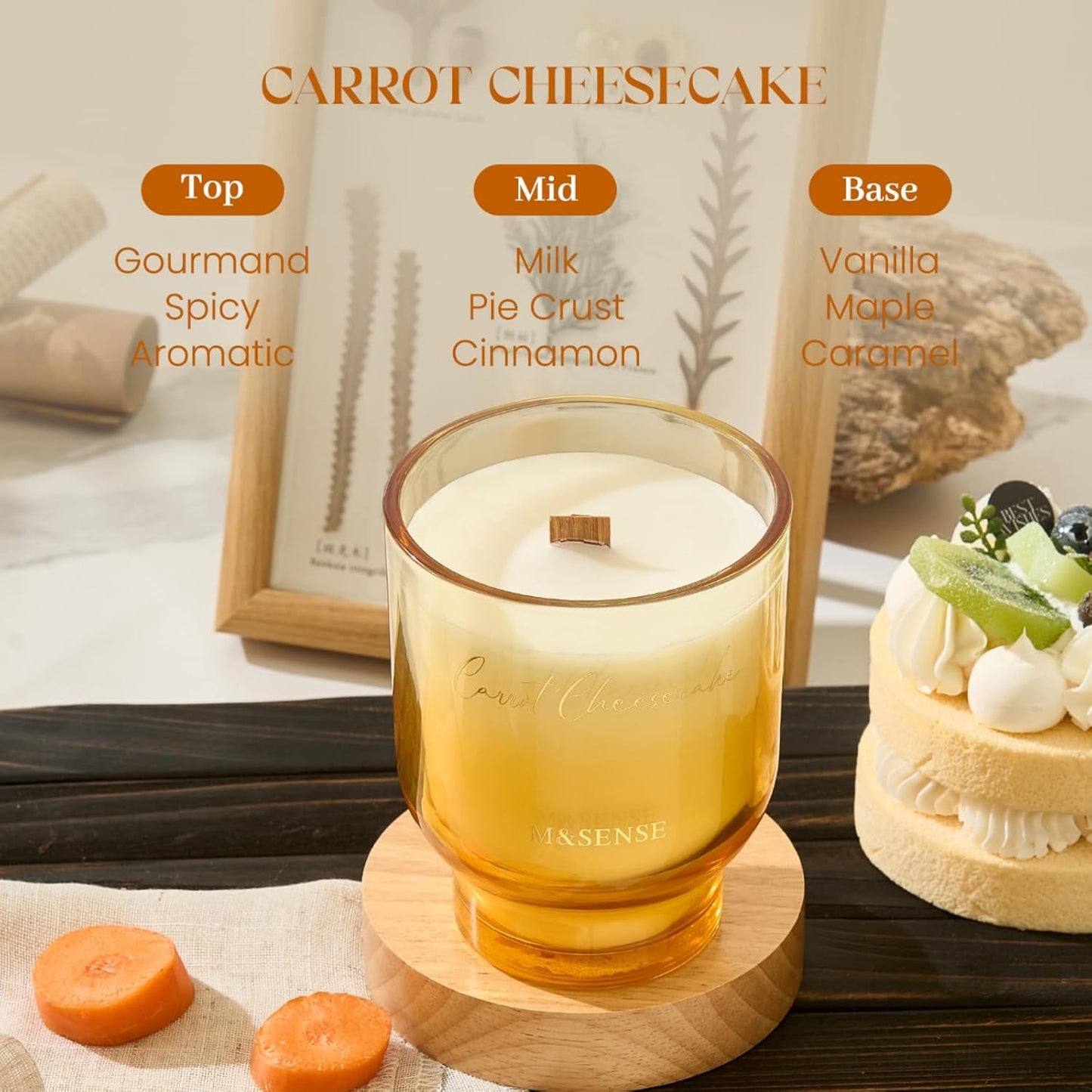 M&SENSE 16.6oz Natural Soy Large Jar Candle with Wooden Wick | Carrot Cheesecake Scent | 95-Hour Burn & Long-Lasting Burn | Easter Candle Gift