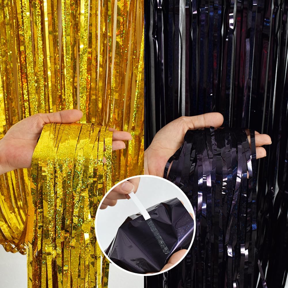 BEISHIDA 4 Pcs Black and Gold Party Streamers Fringe Foil Curtain Backdrop Tinsel Background Party Decoration for Door Wall Graduation Birthday Wedding Anniversary Christmas Party Decoration