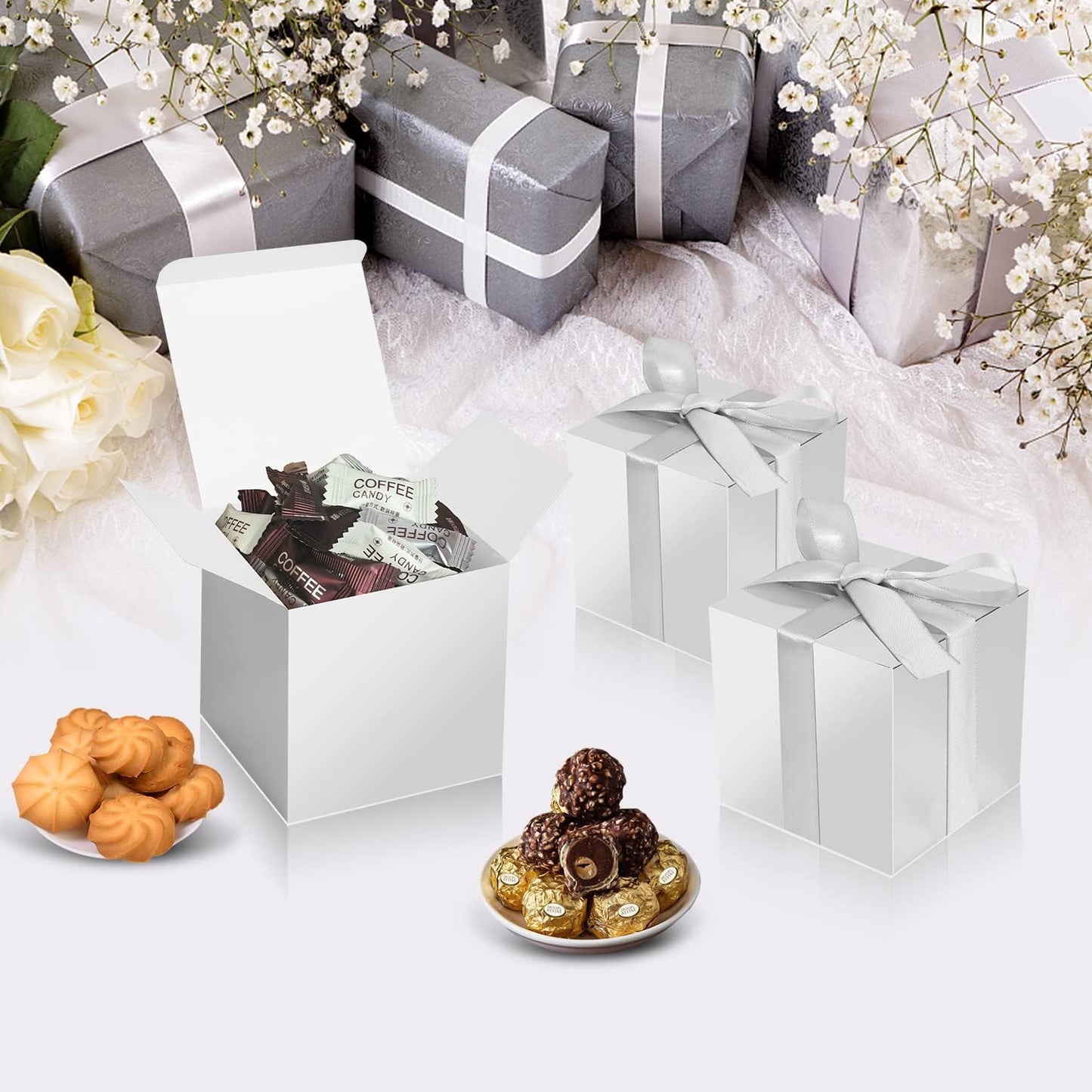100 Pack Small Gift Boxes, 2x2x2 Inches Favor Boxes Silver Paper Gift Boxes with Lids for Presents, Crafting, Cupcake Boxes, Gifts, Candy Boxes for Wedding Party Bridal Shower Baby Shower Favors