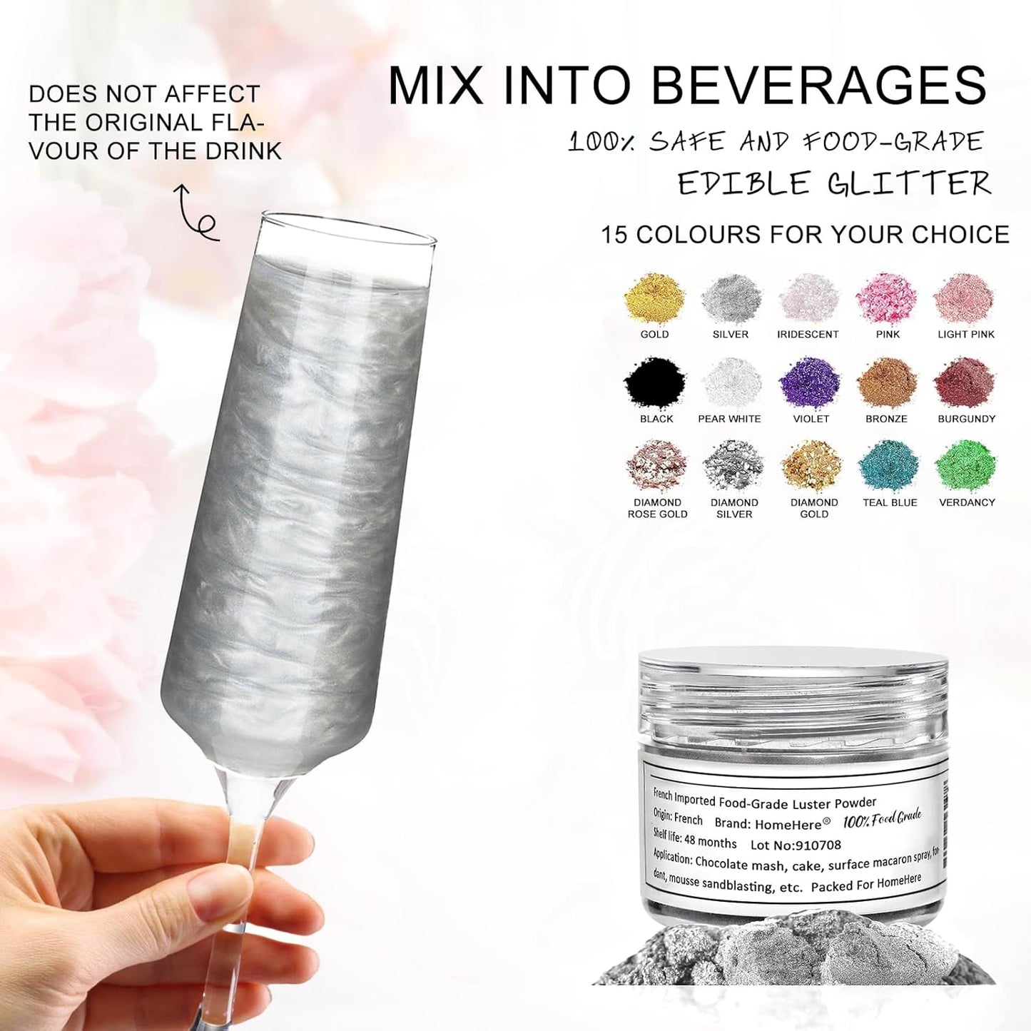 HomeHere Edible Luster Dust Food-Grade Glimmer Powder Glitter for Cake Decorating 7g, Edible Sprinkle Glitter for Cocktails Drinks Baking Candy Dessert Chocolate Vegan Tasteless