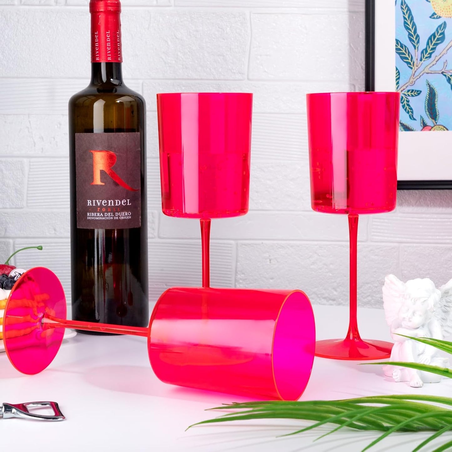 Ciaell 12 Pack Plastic Wine Glasses - 14Oz Hot Pink Plastic Wine Glasses With Stem - Disposable Stemmed Cups for Parties & Weddings