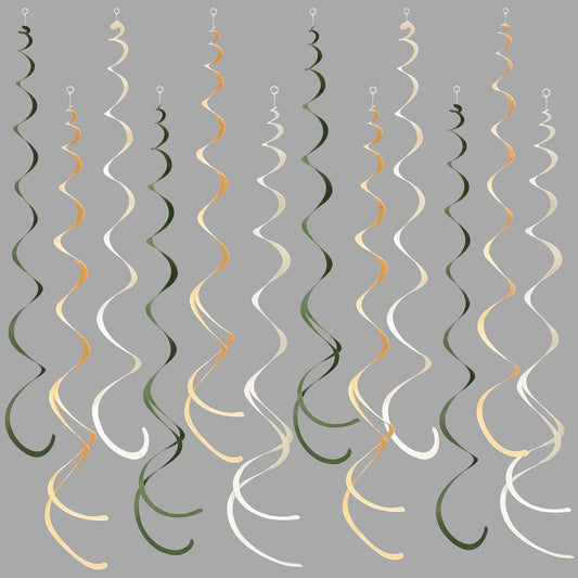 36Pcs Sage Green Hanging Swirl Decoration Olive Green Tan Brown Cream Neutral Felt Swirl Streamer Spiral Ceiling Garland for Greenery Safari Jungle Woodland Birthday Baby Shower Wedding Party Supplies