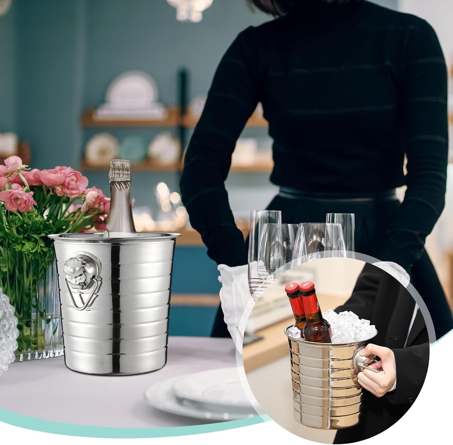 Pinkunn 6 Pack Stainless Steel Champagne Bucket 3 Qt Metal Ice Bucket Double Wall Wine Bucket with Handles Party Beverage Chiller for Champagne Beer Cocktail Wine Drinks Home Bar Accessories (Silver)