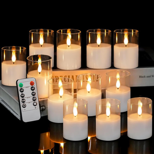 12Pack Glass Flickering Flameless Candles with Remote, 2"X3" Real Wax Votive Candles Battery Operated, Small Electric LED Candles for Wedding Home Decor, w/4 Timers+2 Lighting Modes [Clear]