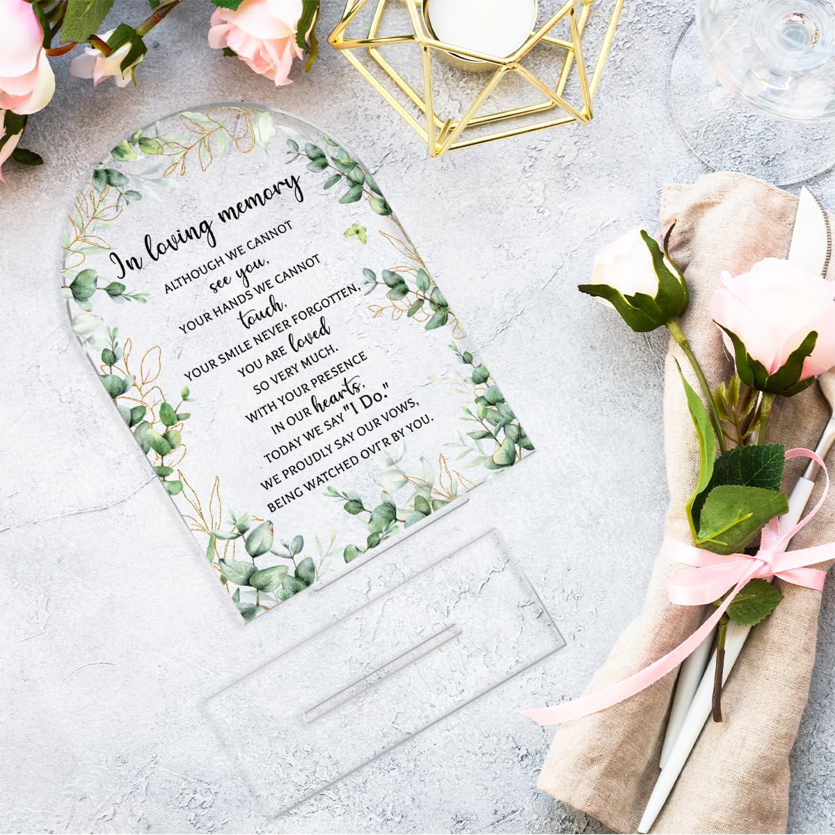 Wedding Sign Decor, In Loving Memory Wedding Sign, 5x7 Inch Arch Acrylic, Weddings Sign for Reception & Event, Bridal Shower Decorations, Wedding Table Sign Accessories for Anniversary Party(Foliage)