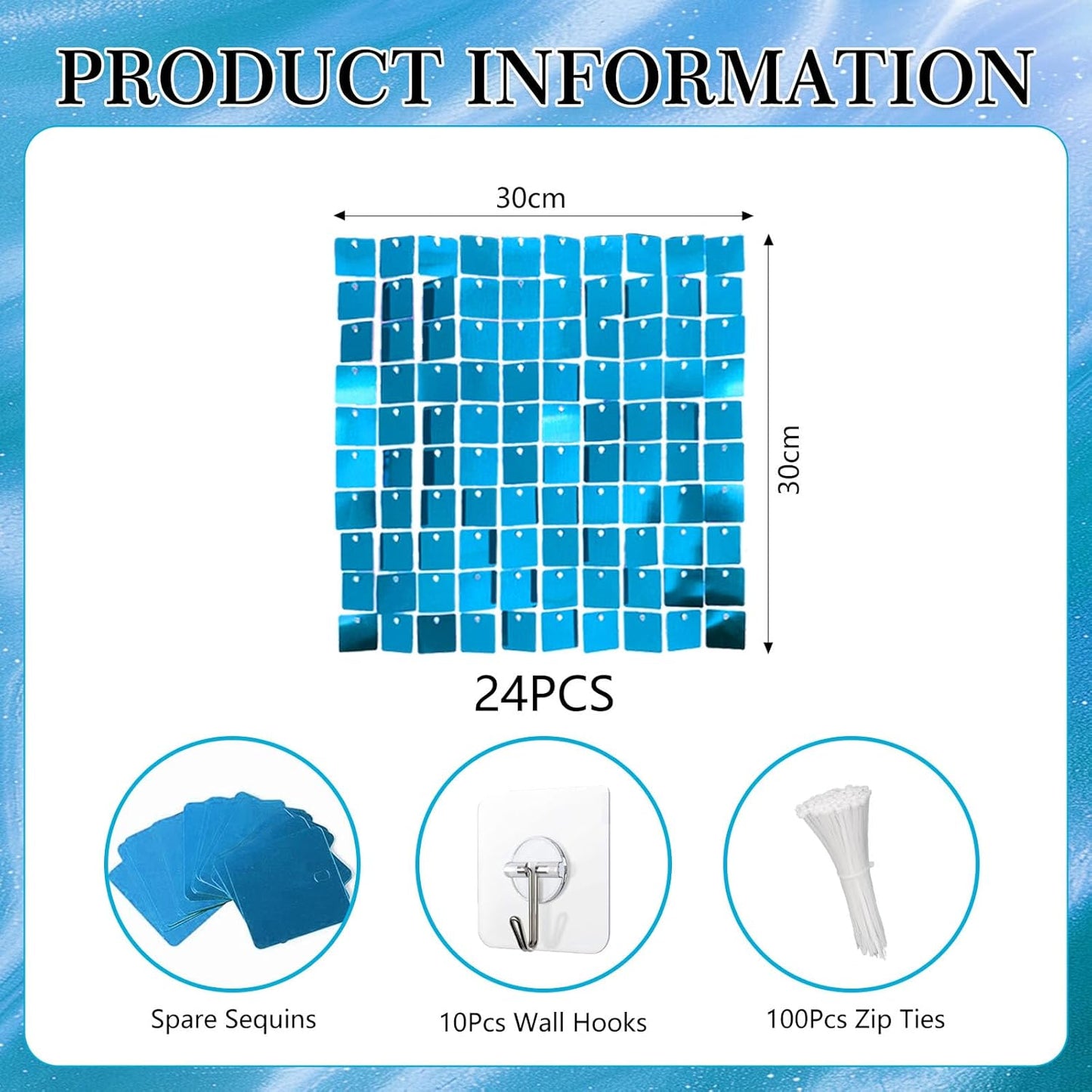 24PCS Lake Blue Shimmer Wall Backdrop, Square Sequin Backdrops Panel, Glitter Wall Background for Birthdays, Weddings, Graduation, Engagements, Disco Bachelorette Party Decoration (4FTx6FT)