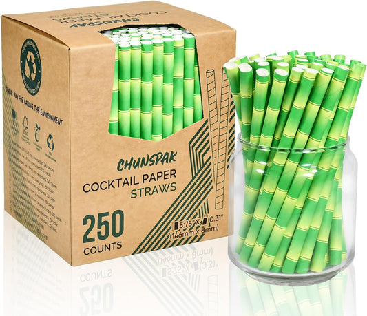5.75" x 0.31" Green Bamboo Disposable Paper Drinking Straws for Short Drinks, Blended Cocktails, Margaritas, Smoothies, Milkshakes - Unwrapped [250 Counts]