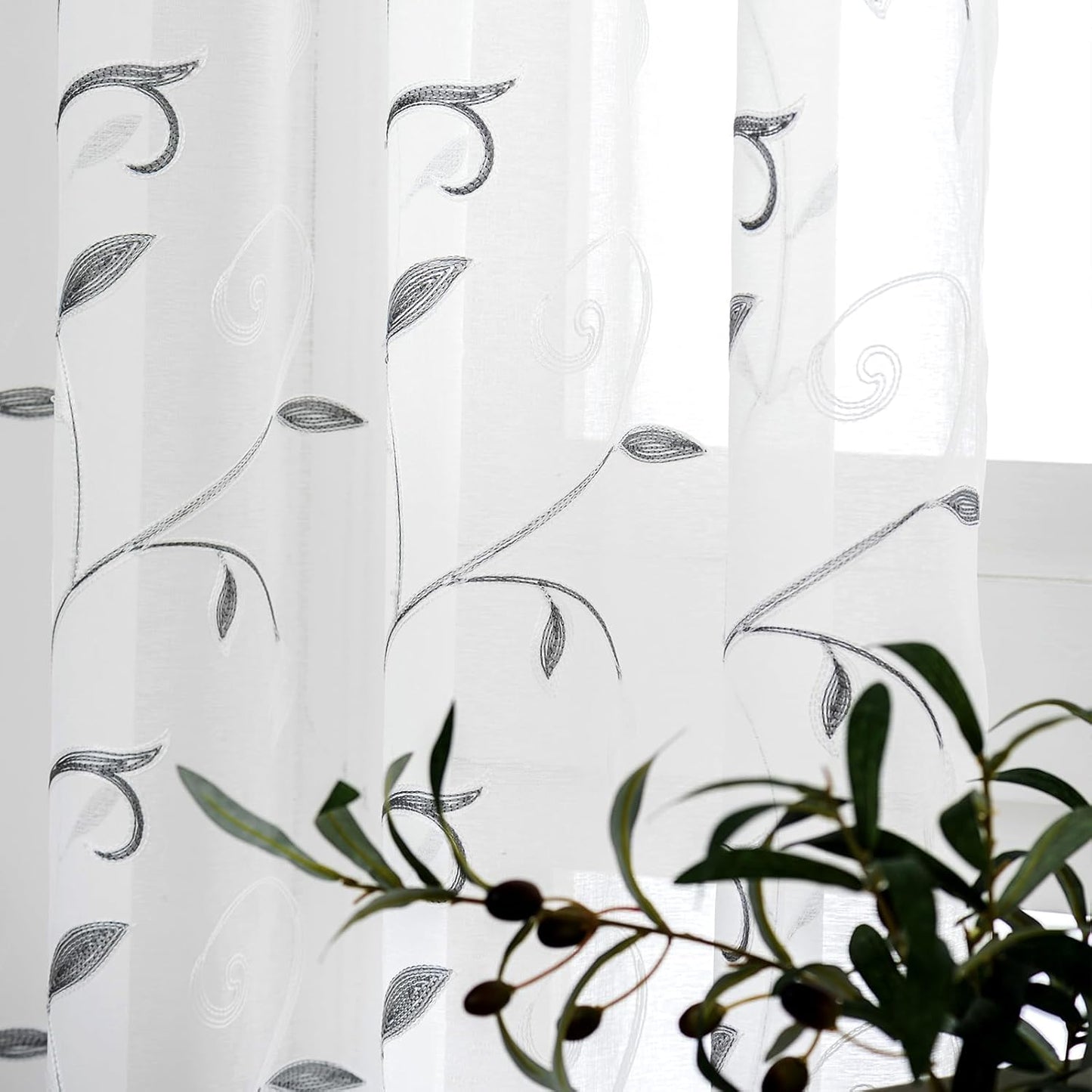 VISIONTEX White Sheer Voile Curtains, Decorative Leaves Embroidery Faux Linen Rod Pocket Window Drapes for Home Kitchen, Living Room and Bedroom 26 x 36 Inch, Set of 2 Curtain Panels