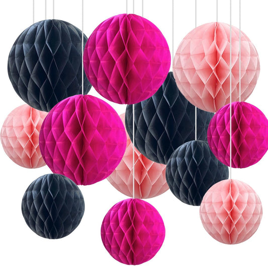 CC wonderland zone 12pcs Hot Pink and Black Paper Honeycomb Balls,6" & 10" Hanging Tissue Pom poms for Birthday Party Decoration