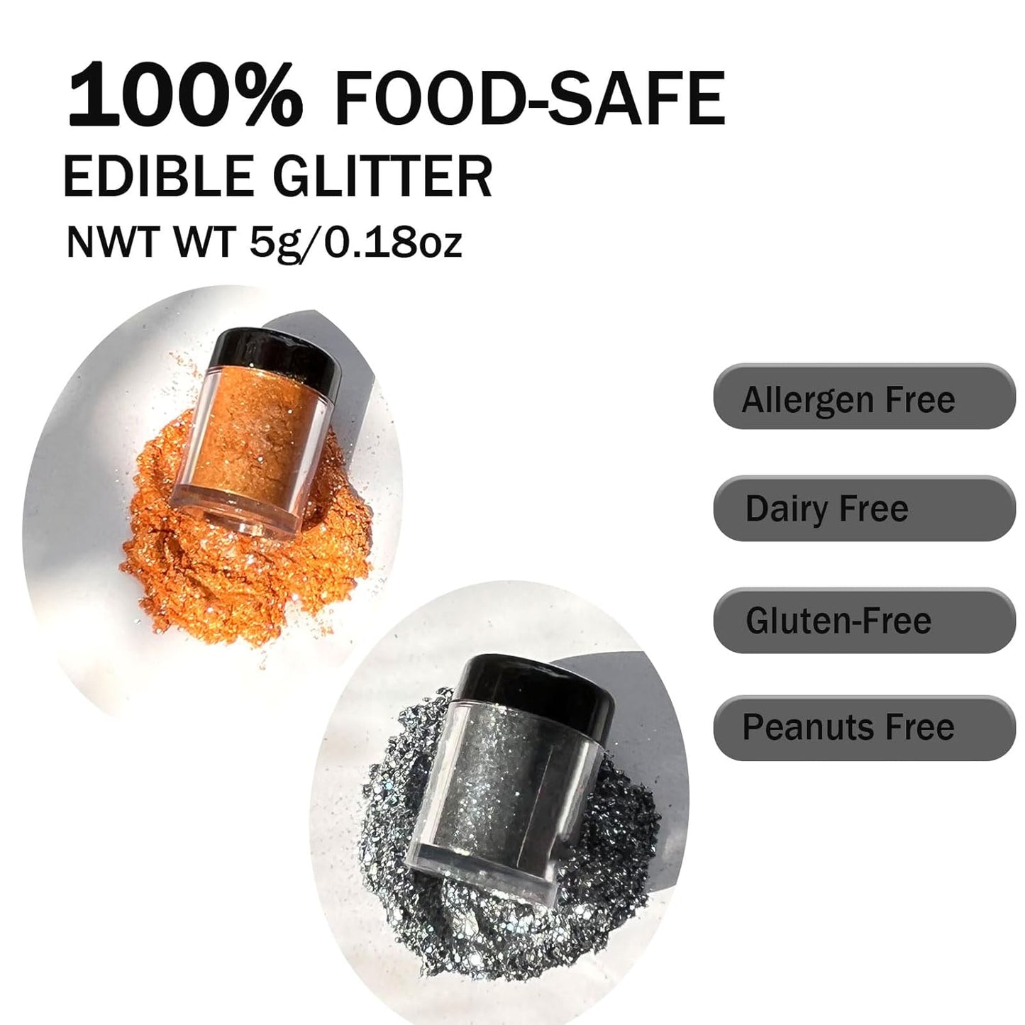 Orange Edible Glitter Black Glimmer Powder for Halloween Cakes Drinks, Colaele Edible Glitter Set Food Grade Luster Dust Metallic Food Decorating Sprinkle for Cake Cookies Decorations,Vegan, 5g/Jar