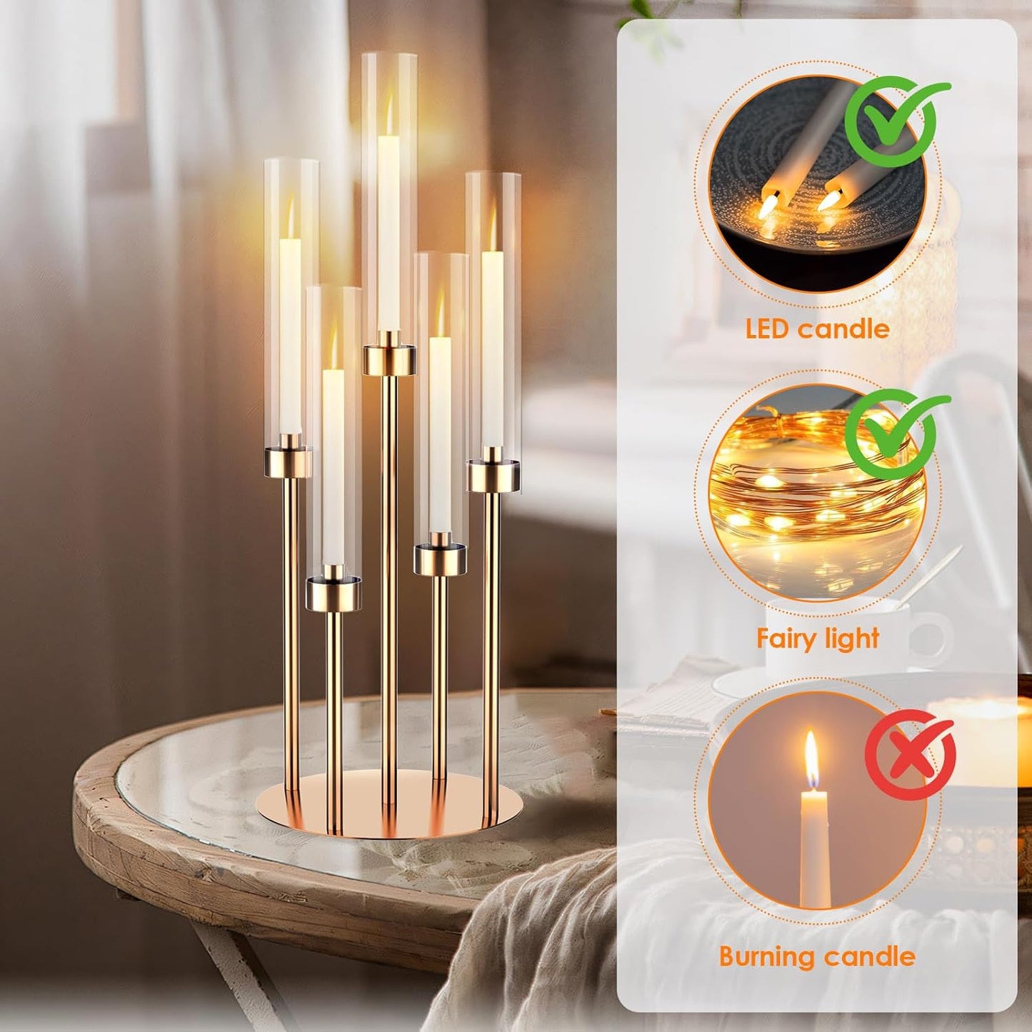 5 Arm Gold Candelabra Centerpieces for Table 4 Set Floor Candelabras Metal Candlestick for LED Candle 26'' Tall Candle Holders with Acrylic Lampshade for Wedding Party Fireplace