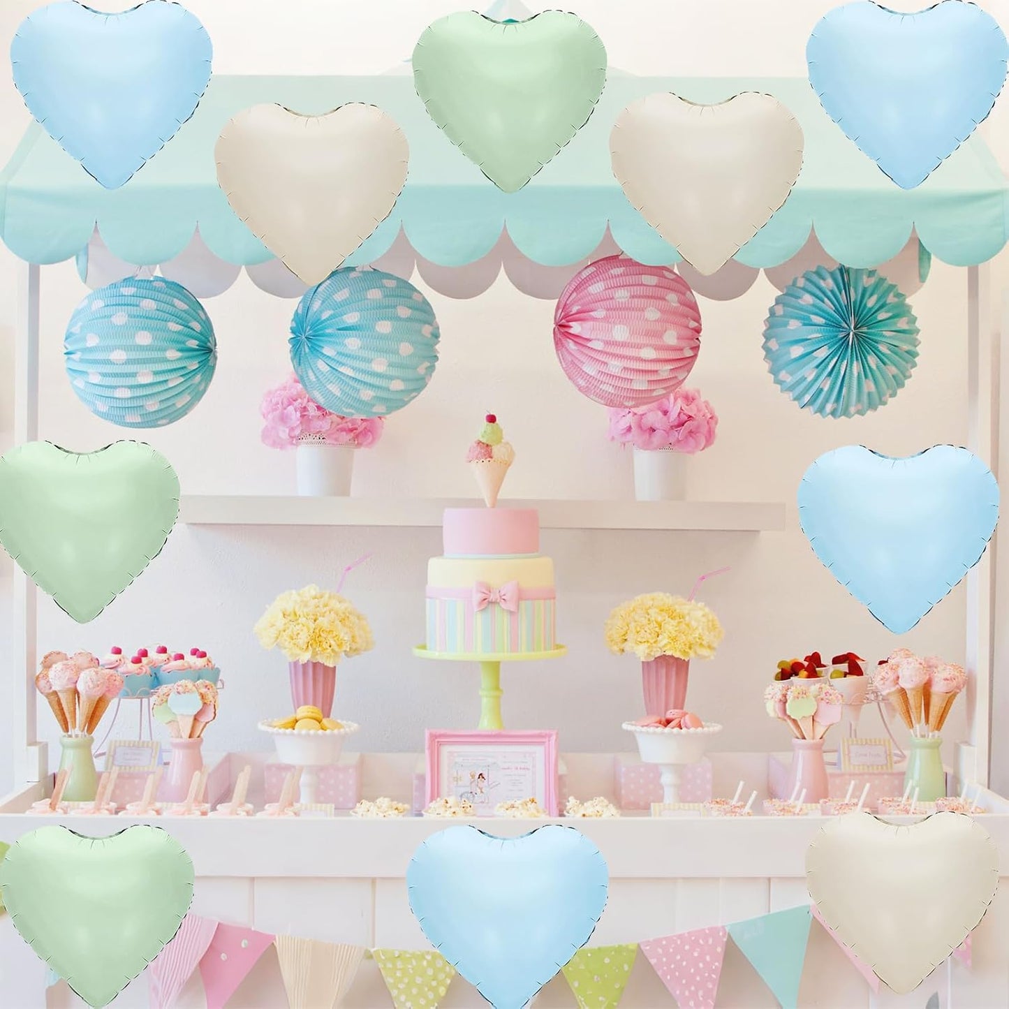 Blue Green White Heart Balloons,12Pcs 18Inch Cream White Baby Blue Sage Green Heart Shaped Foil Helium Balloons for Baby Shower Birthday Anniversary Wedding Engagement Party Decorations