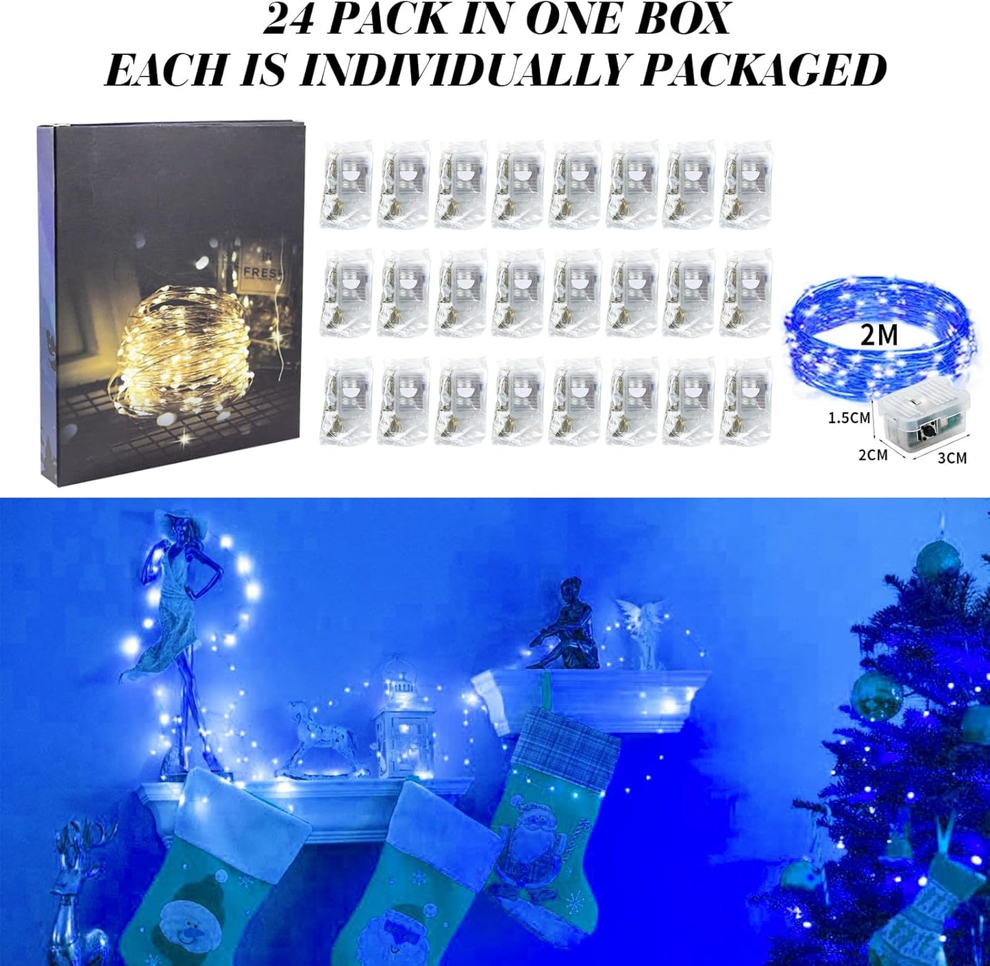 ZGWJ 24 Pack Fairy Lights Battery Operated, 7ft 20 Mini LED Fairy String Lights Silver Wire 3 Modes for DIY, Parties, Wedding, Bedroom, Halloween Christmas Decoration Blue
