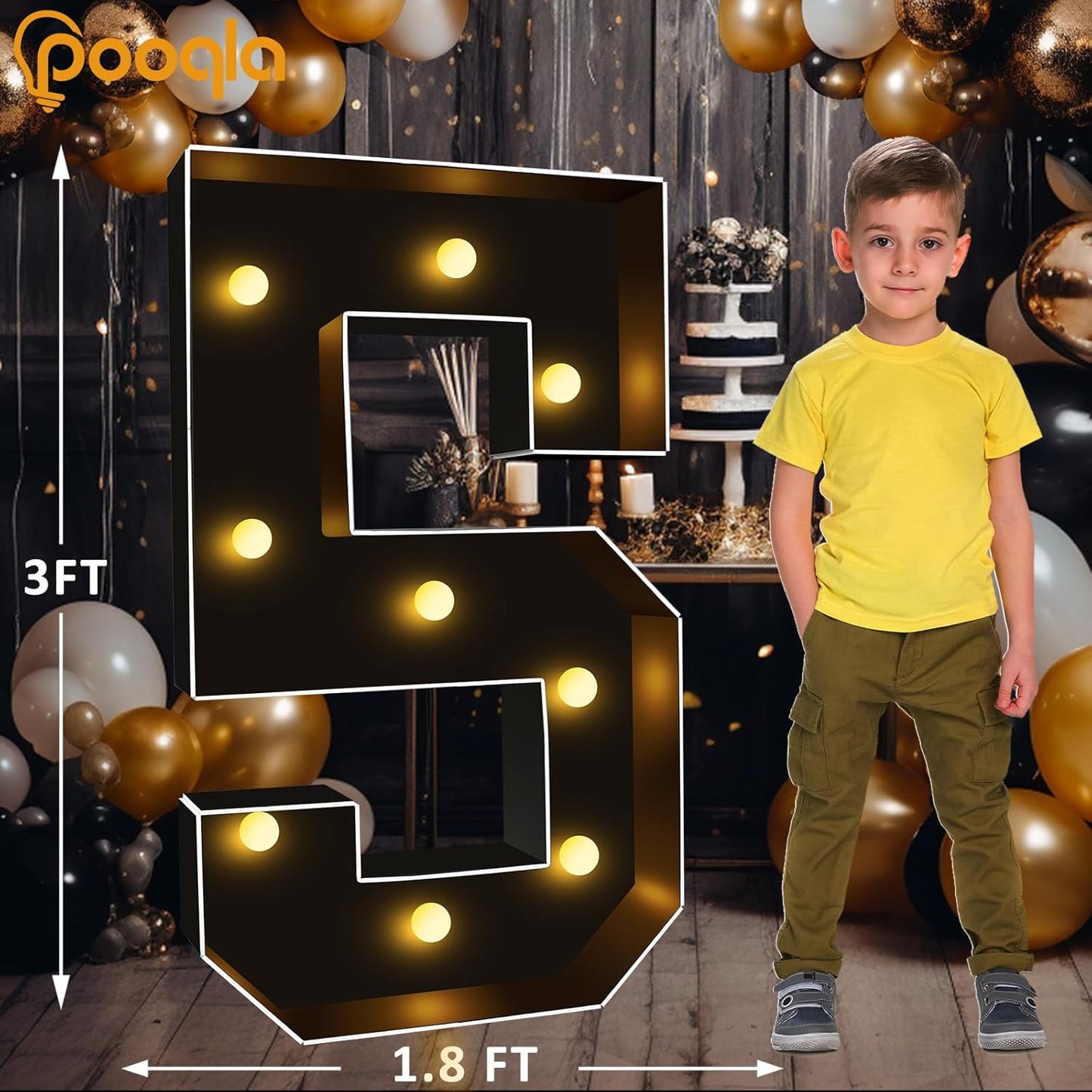 Pooqla 3FT Marquee Light Up Numbers, Black Lighted Party Decor for her him Women Men, Giant Mosaic Light Up Numbers for 5th 15th 50th Birthday Anniversary Decoration, Number 5