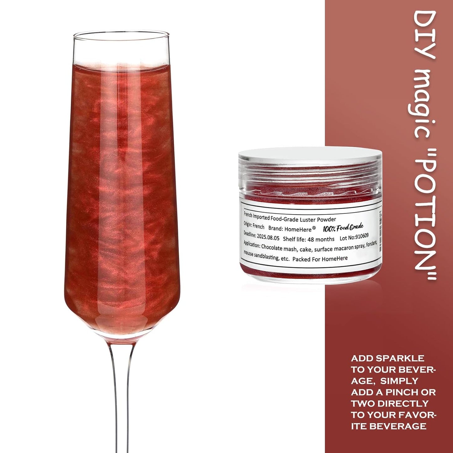 HomeHere Edible Luster Dust Food-Grade Glimmer Powder Glitter for Cake Decorating 7g, Edible Sprinkle Glitter for Cocktails Drinks Baking Candy Dessert Chocolate Vegan Tasteless, Burgundy