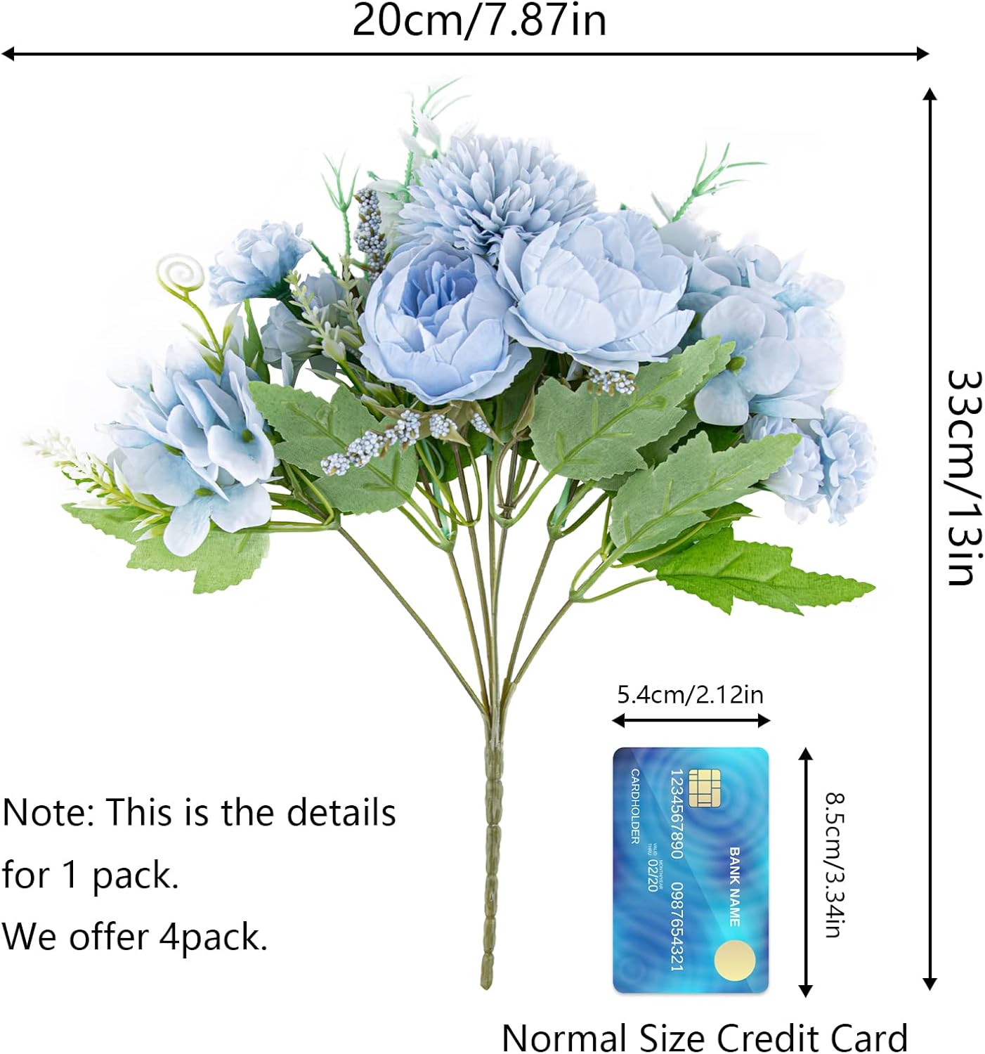 Artificial Flowers, 4 Packs Blue Fake Peony Silk Hydrangea Bouquet Decor Plastic Carnations Daisy Realistic Flower Home Office Party Decor Arrangements Wedding Decoration Table Centerpieces