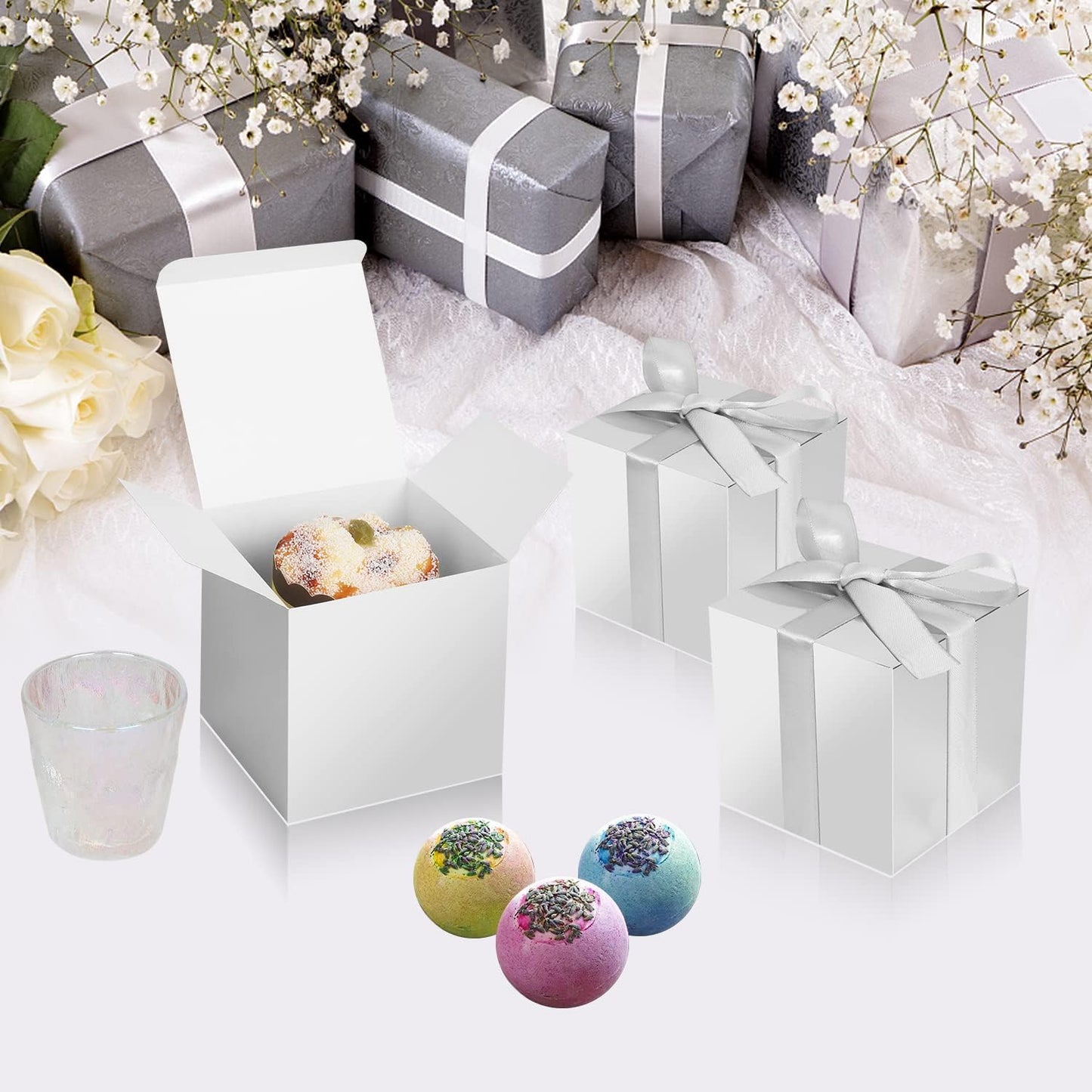 50 Pack Small Gift Boxes, 3x3x3 Favor Boxes Silver Paper Gift Boxes with Lids for Presents, Crafting, Cupcake Boxes, Gifts, Candy Boxes for Wedding Party Bridal Shower Baby Shower Favors