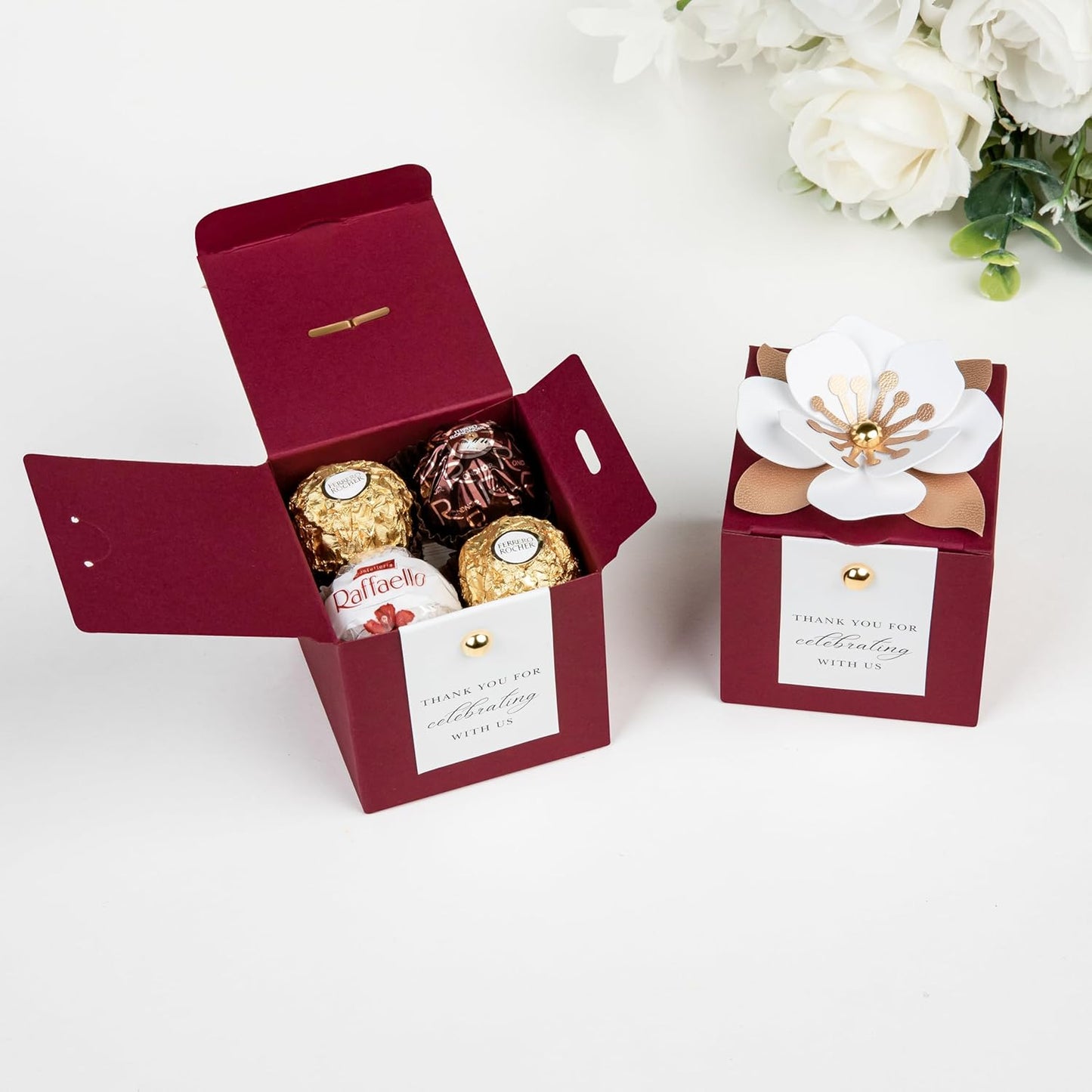 FEIYI 20 PCS Candy Boxes, 3 In 1 Burgundy Favor Boxes with Floral Decor, White Thank You Tags Gift wrapping for Wedding Birthday Baby Shower Decorations Party -2.55x2.55x2.55''