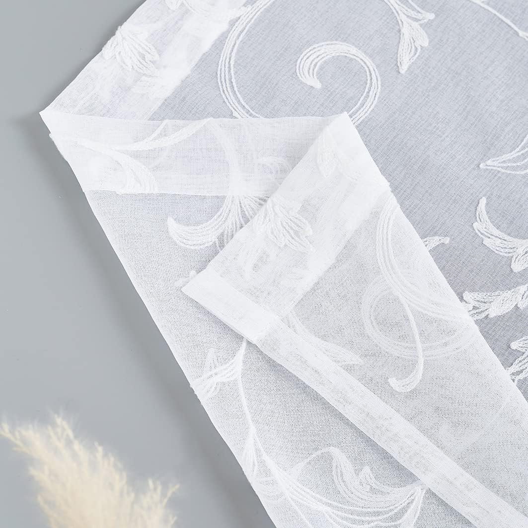 Sheer Curtains White 63 Inch Embroidered Floral, Rod Pocket Voile Drapes for Living room, Bedroom, Vintage Embroidered Semi Crinkle Curtain Panels for Yard, Patio, Villa, Parlor, Set of 2, 52"x 63".