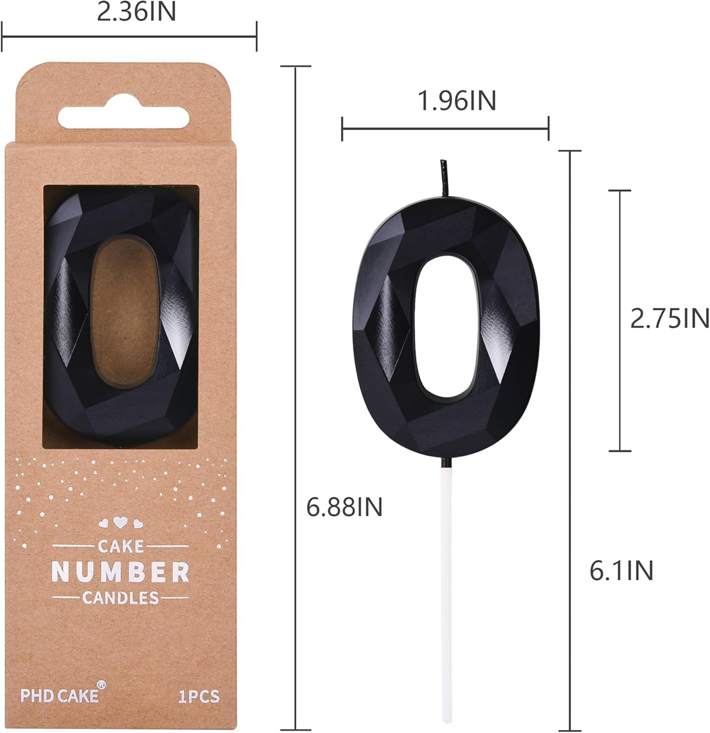 PHD CAKE 2.76 Inch Crystal Black 0 Number Birthday Candles, Red Number Candles, Cake Number Candles, Party Celebration