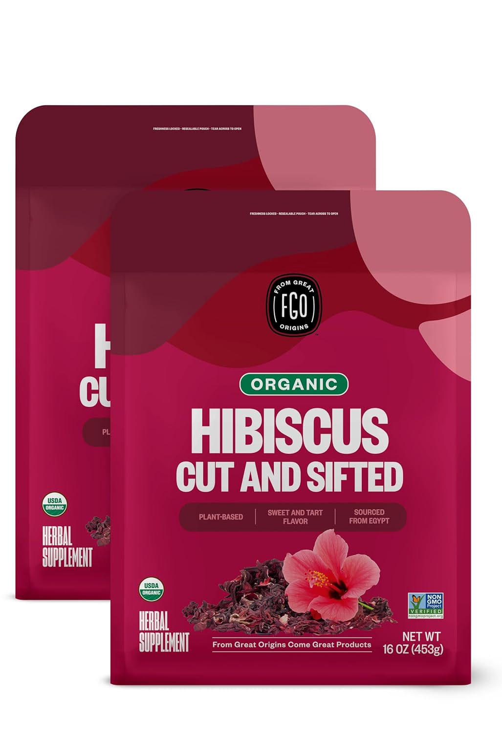 FGO Organic Hibiscus Flowers, Cut and Sifted Loose Tea, 16 Ounce Bulk Resealable Bag (Pack of 2)