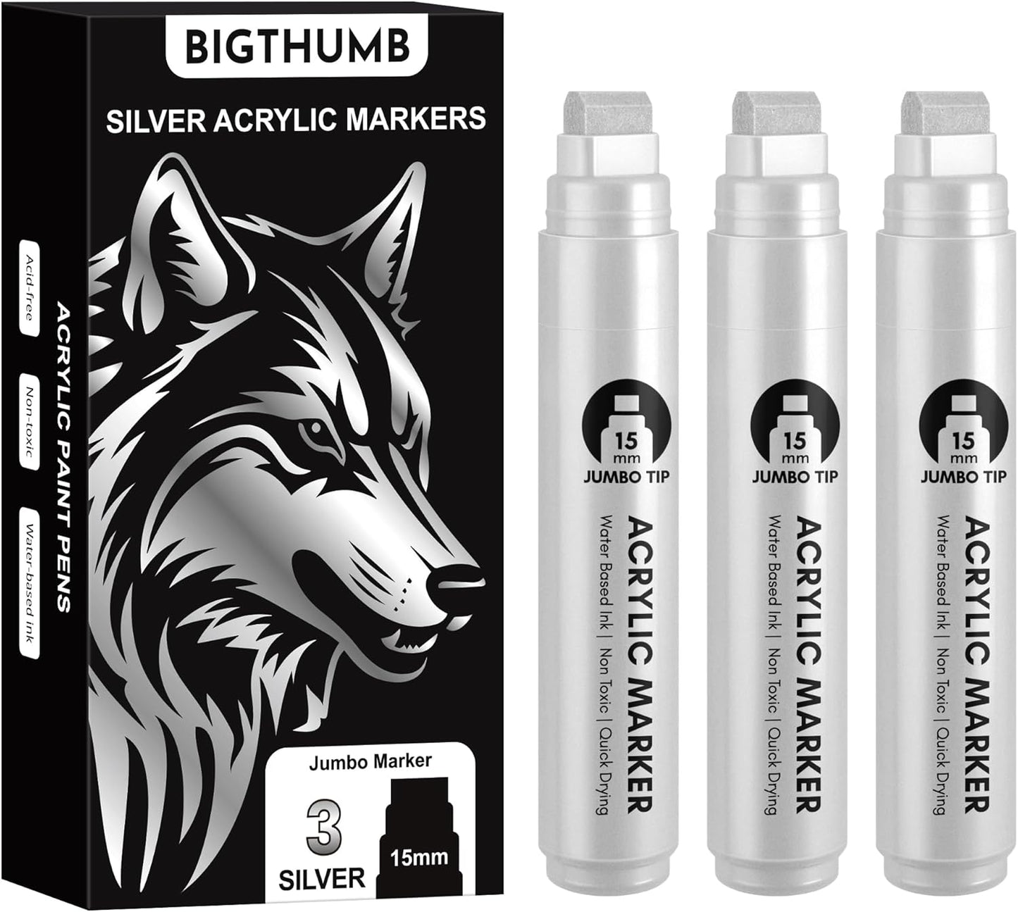 3 Pcs Silver Jumbo Permanent Markers: 15mm Wide Tip Thick Acrylic Paint Pen Large Calligraphy Marker for Rock Painting, Poster, Sign, Canvas, Glass, Wood, Ceramic