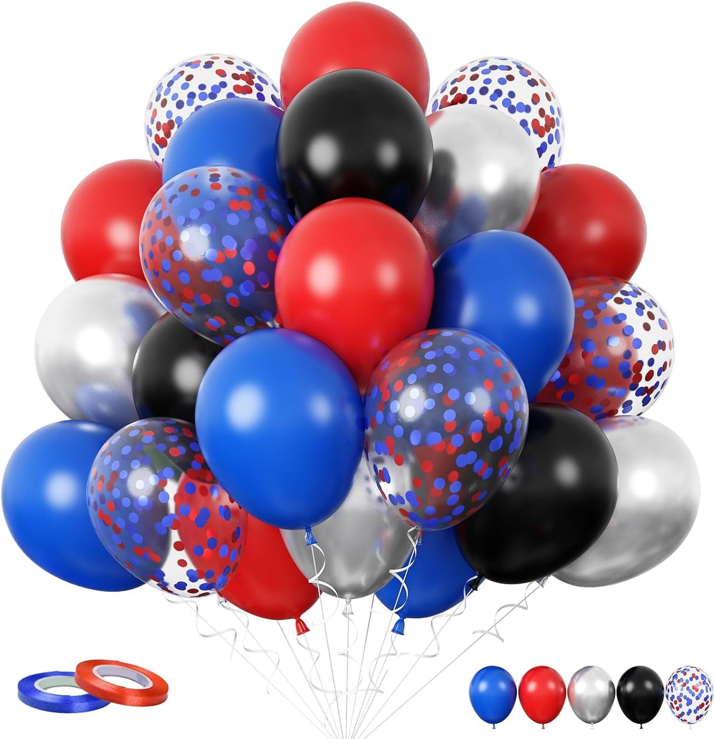 FunHot Red and Blue Balloons, 60 Pcs Red Black Blue Balloons, 12 Inch Metallic Silver Latex Balloon Helium Blue Confetti Balloon for Graduation Baby Shower Boys Kids Birthday Party Decorations