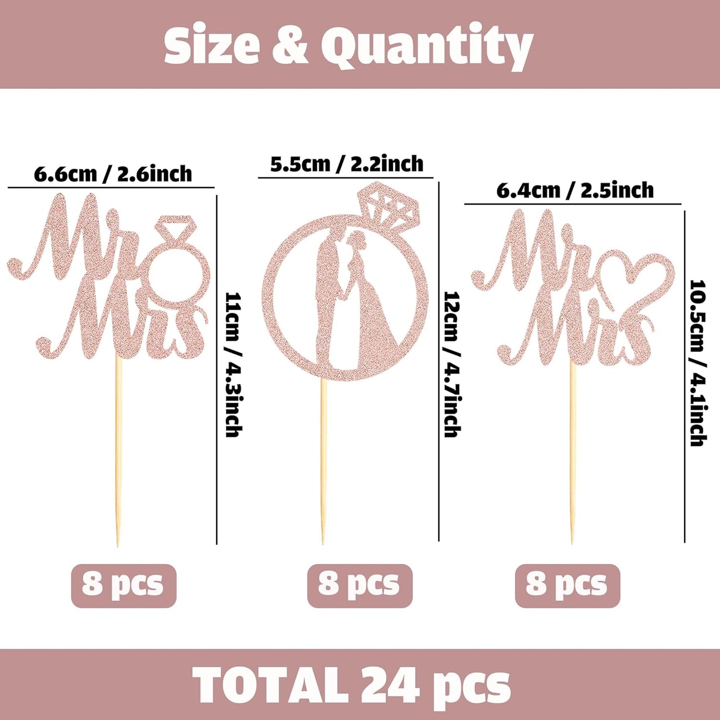 Sotpot 24PCS Miss to Mrs Cupcake Toppers with Ring Rose Gold Glitter for Wedding Bridal Shower Wedding Engagement Party Cake Decorations