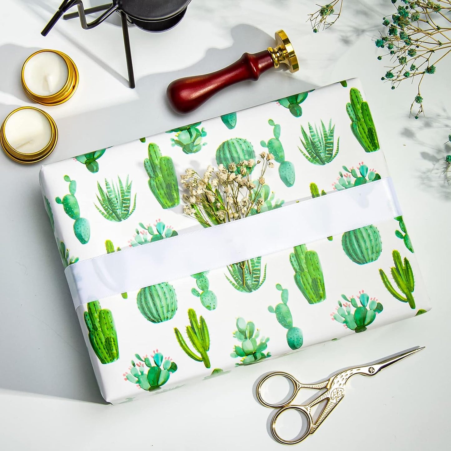 WRAPAHOLIC Reversible Cactus Wrapping Paper - Mini Roll - 17 Inch X 33 Feet - Watercolor Green Cactus Hawaii Wrapping Paper for Birthday, Wedding, Bridal Shower, Baby Shower